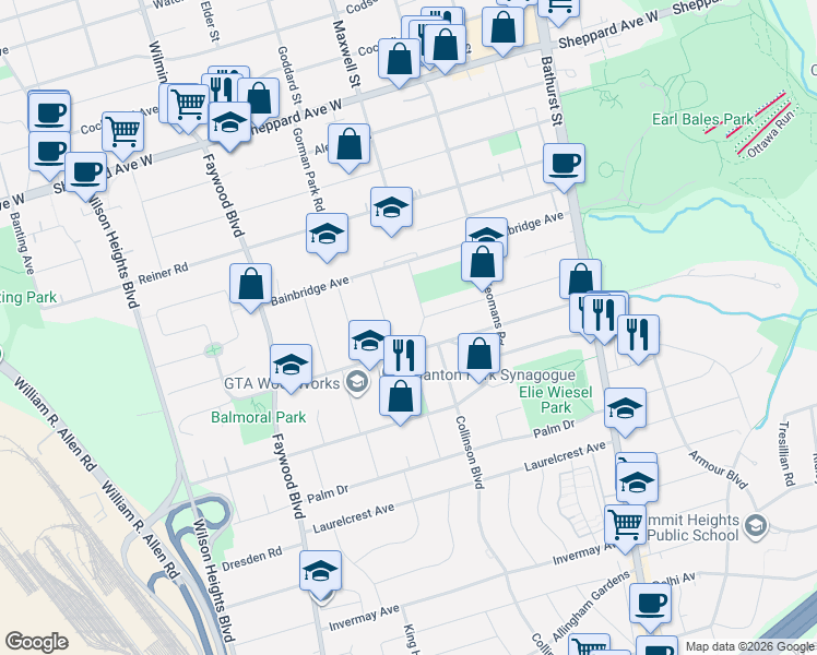 map of restaurants, bars, coffee shops, grocery stores, and more near 7 Harlock Boulevard in Toronto