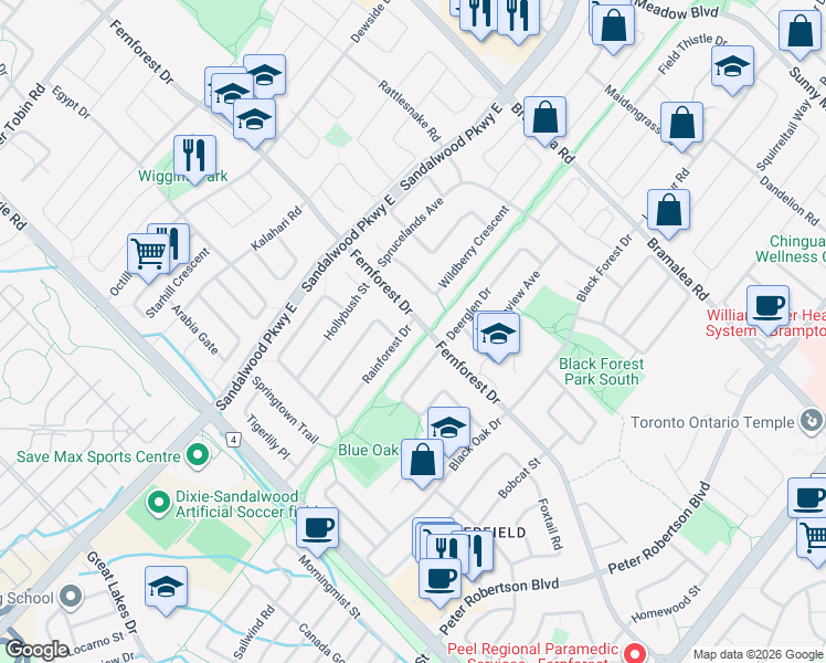 map of restaurants, bars, coffee shops, grocery stores, and more near 4 Rainforest Drive in Brampton