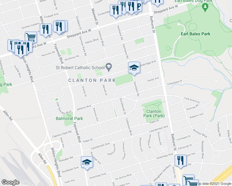 map of restaurants, bars, coffee shops, grocery stores, and more near 7 Harlock Boulevard in Toronto