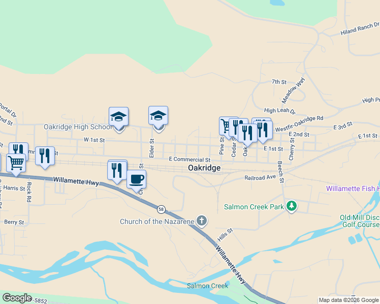 map of restaurants, bars, coffee shops, grocery stores, and more near 76447 Maple Street in Oakridge