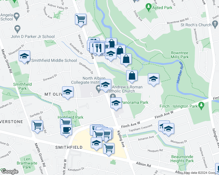map of restaurants, bars, coffee shops, grocery stores, and more near 12 Kipling Avenue in Toronto