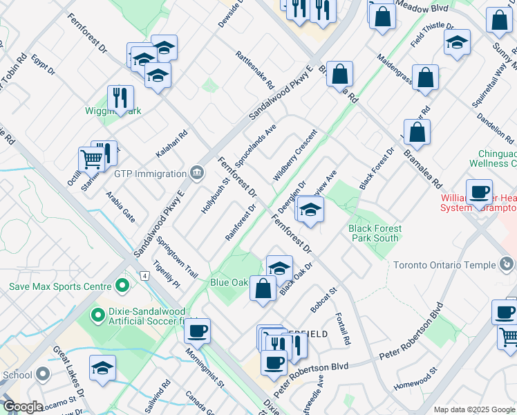 map of restaurants, bars, coffee shops, grocery stores, and more near 4 Rainforest Drive in Brampton