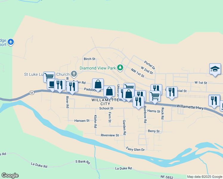 map of restaurants, bars, coffee shops, grocery stores, and more near 47621 Teller Rd in Oakridge