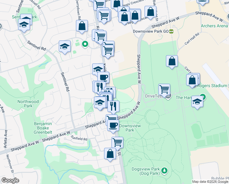 map of restaurants, bars, coffee shops, grocery stores, and more near 63 Robert Woodhead Crescent in Toronto