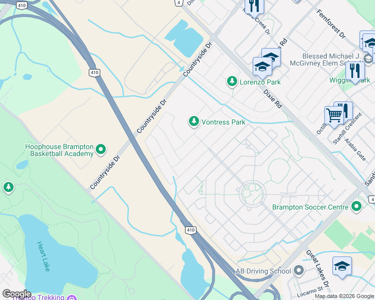 map of restaurants, bars, coffee shops, grocery stores, and more near 22 Pentonville Road in Brampton