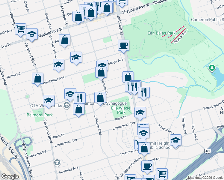 map of restaurants, bars, coffee shops, grocery stores, and more near 35 Almore Avenue in Toronto