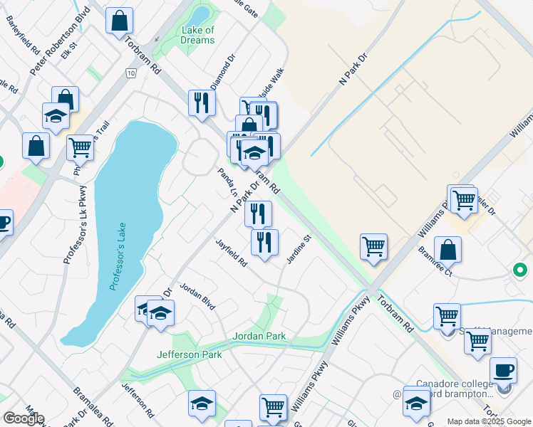map of restaurants, bars, coffee shops, grocery stores, and more near 39 Jade Crescent in Brampton