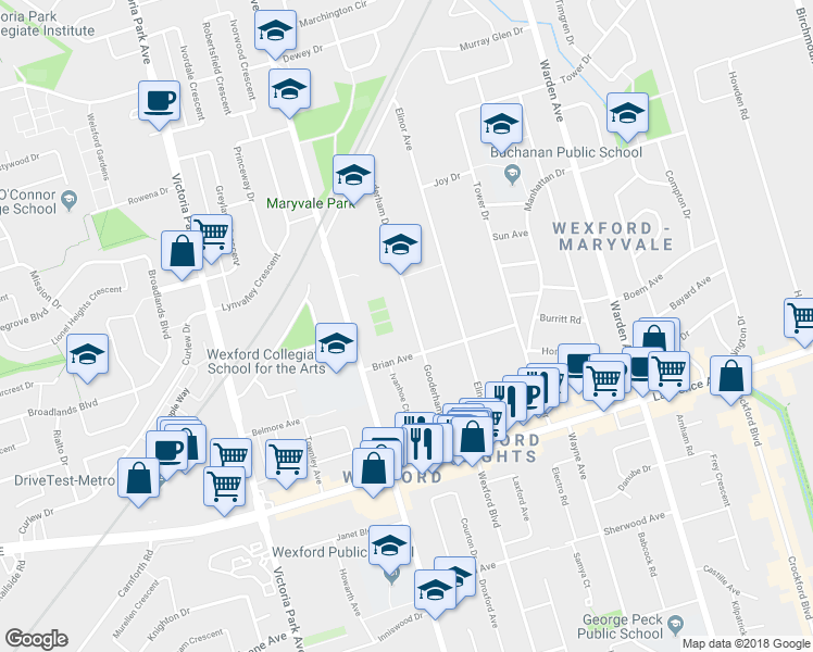 map of restaurants, bars, coffee shops, grocery stores, and more near 50 Gooderham Drive in Toronto