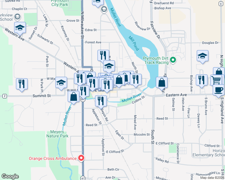 map of restaurants, bars, coffee shops, grocery stores, and more near East Mill Street in Plymouth