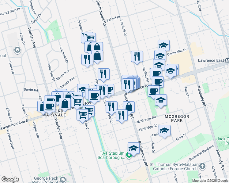 map of restaurants, bars, coffee shops, grocery stores, and more near 2150 Lawrence Avenue East in Toronto