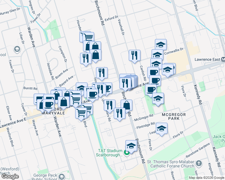 map of restaurants, bars, coffee shops, grocery stores, and more near 2150 Lawrence Avenue East in Toronto