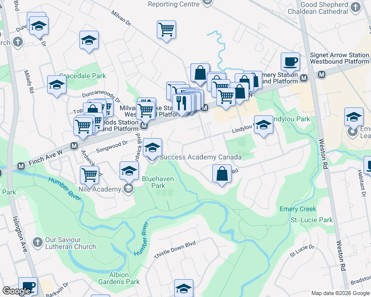 map of restaurants, bars, coffee shops, grocery stores, and more near 1 Stanwood Crescent in Toronto