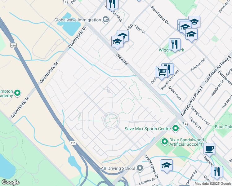 map of restaurants, bars, coffee shops, grocery stores, and more near 1 Antilia Street in Brampton