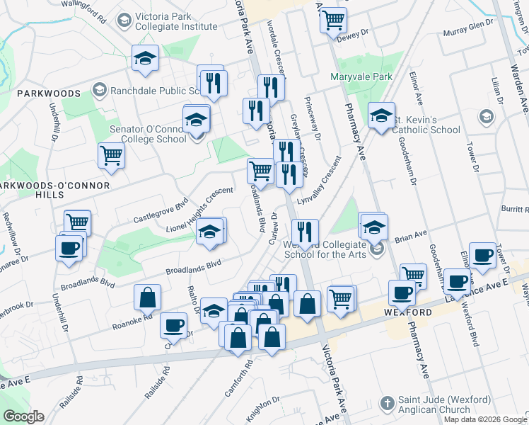 map of restaurants, bars, coffee shops, grocery stores, and more near 155 Broadlands Boulevard in Toronto