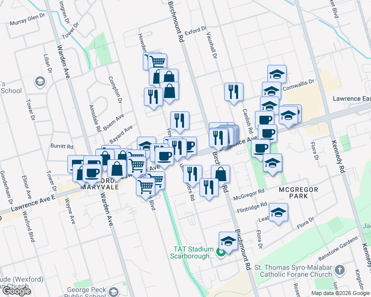 map of restaurants, bars, coffee shops, grocery stores, and more near 2130 Lawrence Avenue East in Toronto