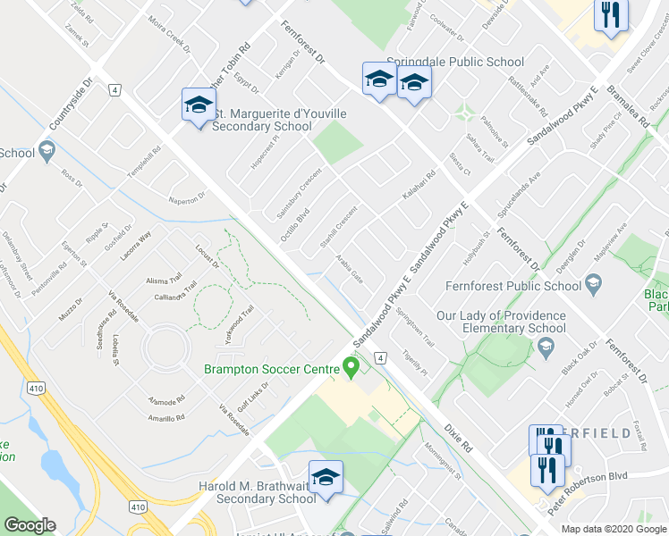 map of restaurants, bars, coffee shops, grocery stores, and more near 8 Gecko Court in Brampton