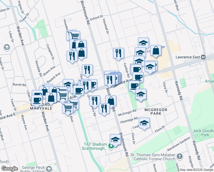 map of restaurants, bars, coffee shops, grocery stores, and more near 1265 Birchmount Road in Toronto