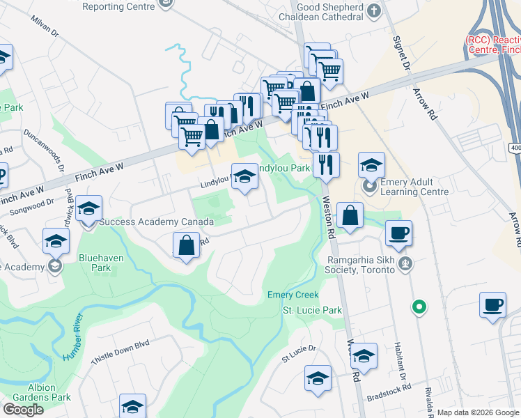 map of restaurants, bars, coffee shops, grocery stores, and more near 9 Lindylou Road in Toronto