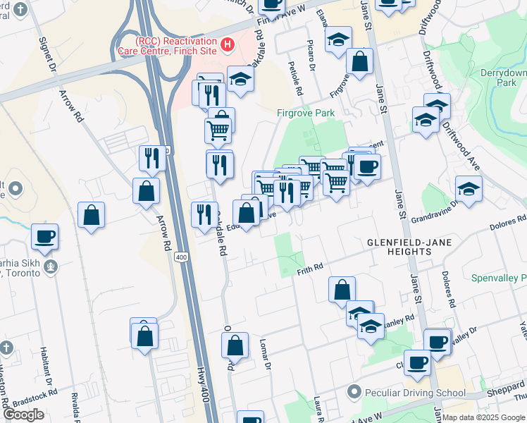 map of restaurants, bars, coffee shops, grocery stores, and more near 320 Eddystone Avenue in Toronto