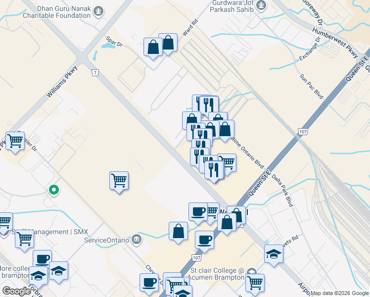 map of restaurants, bars, coffee shops, grocery stores, and more near 9145 Airport Road in Brampton