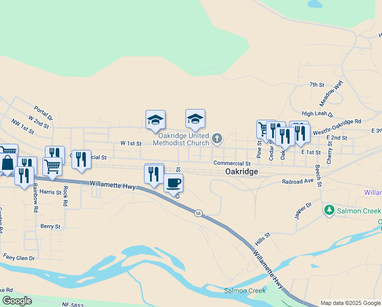 map of restaurants, bars, coffee shops, grocery stores, and more near 76453 Elder Street in Oakridge
