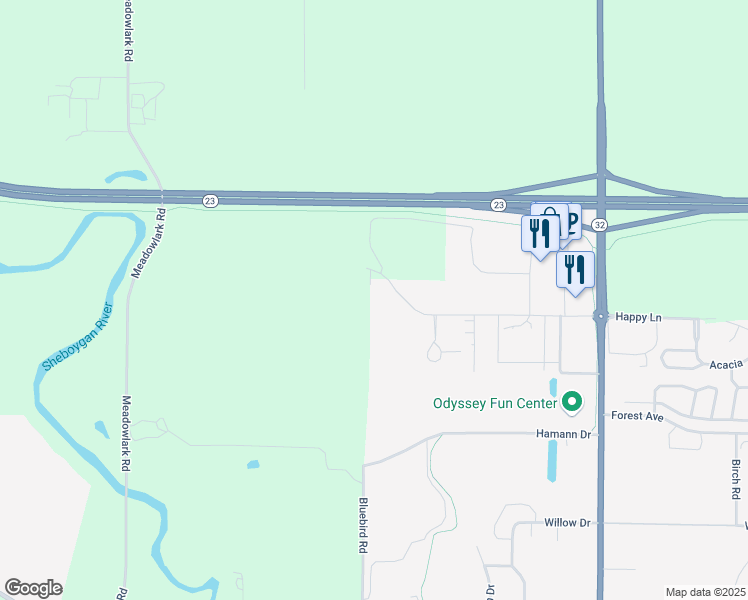 map of restaurants, bars, coffee shops, grocery stores, and more near 1029 Happy Lane in Sheboygan Falls