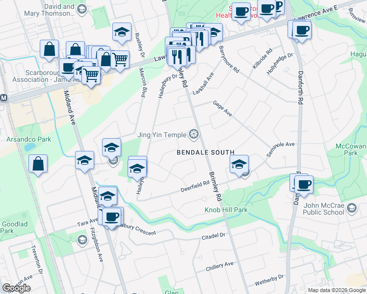 map of restaurants, bars, coffee shops, grocery stores, and more near 29 Penzance Drive in Toronto