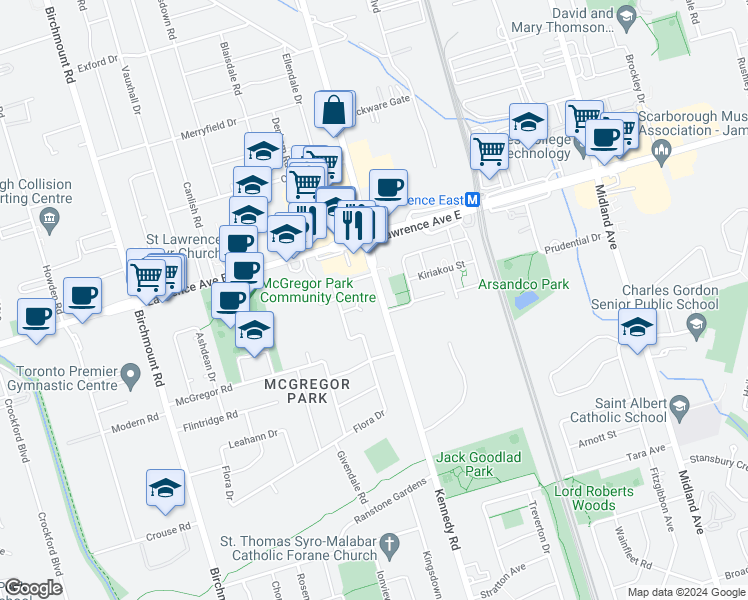 map of restaurants, bars, coffee shops, grocery stores, and more near 1032 Kennedy Road in Toronto