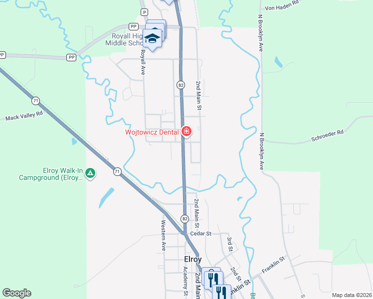 map of restaurants, bars, coffee shops, grocery stores, and more near 1028 Wisconsin 80 Trunk in Elroy