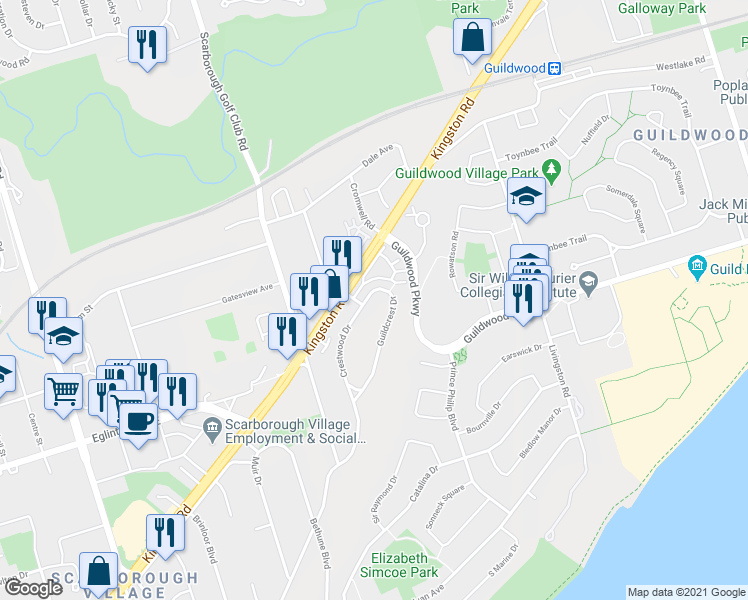 map of restaurants, bars, coffee shops, grocery stores, and more near 44 Guildcrest Drive in Toronto