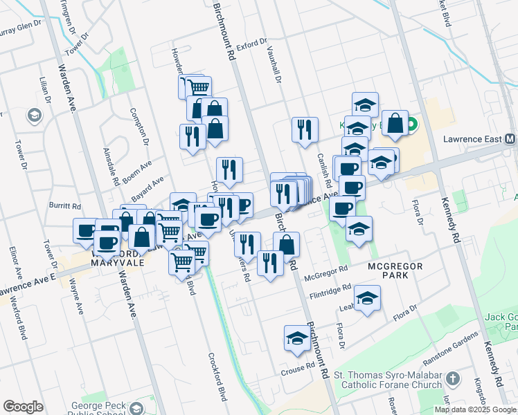 map of restaurants, bars, coffee shops, grocery stores, and more near 2152 Lawrence Avenue East in Toronto