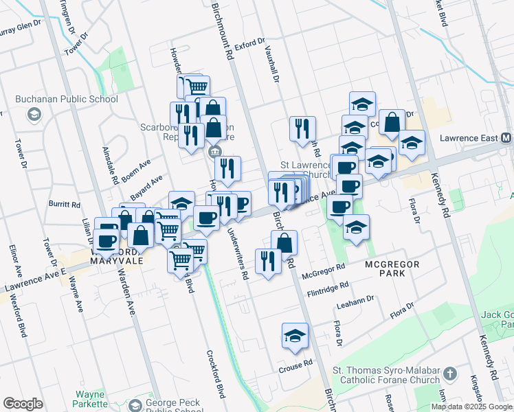 map of restaurants, bars, coffee shops, grocery stores, and more near 2152 Lawrence Avenue East in Toronto