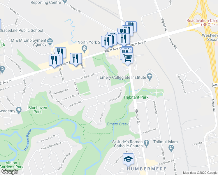 map of restaurants, bars, coffee shops, grocery stores, and more near 9 Lindylou Road in Toronto