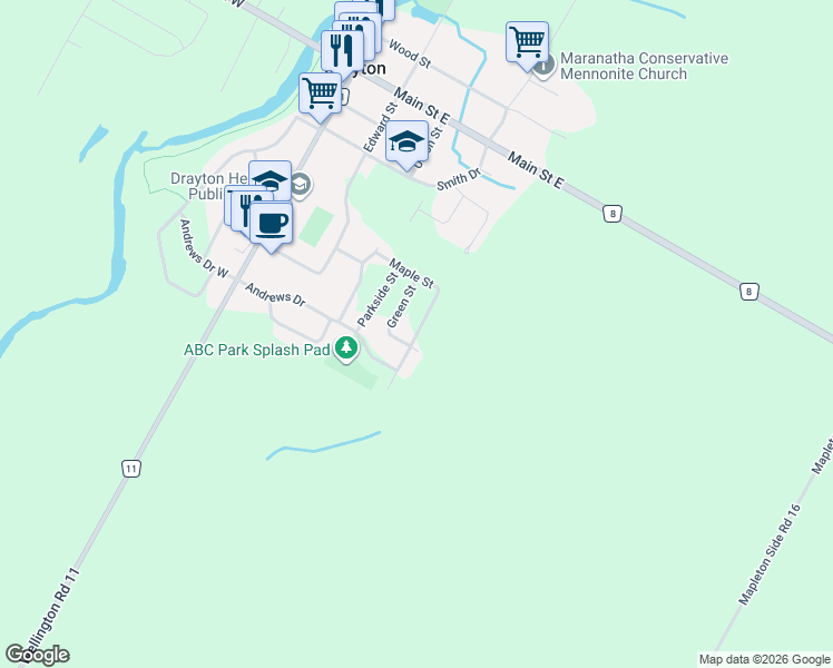 map of restaurants, bars, coffee shops, grocery stores, and more near 123 Maple Street in Wellington County