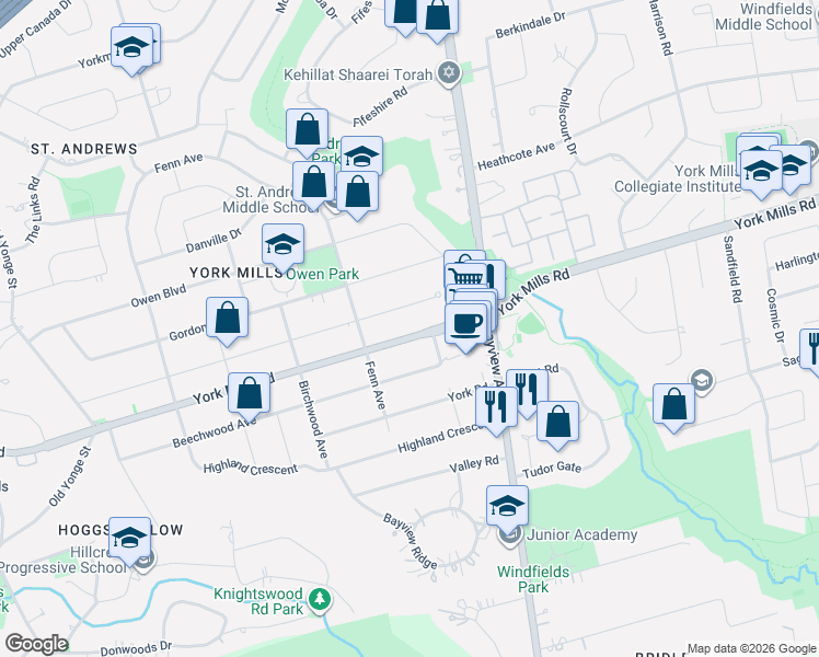map of restaurants, bars, coffee shops, grocery stores, and more near 234 York Mills Road in Toronto