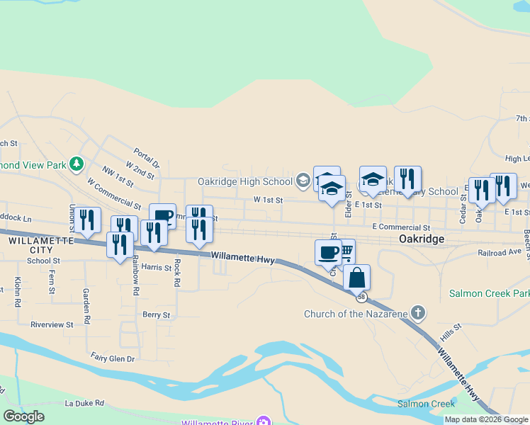 map of restaurants, bars, coffee shops, grocery stores, and more near 47947 West Commercial Street in Oakridge