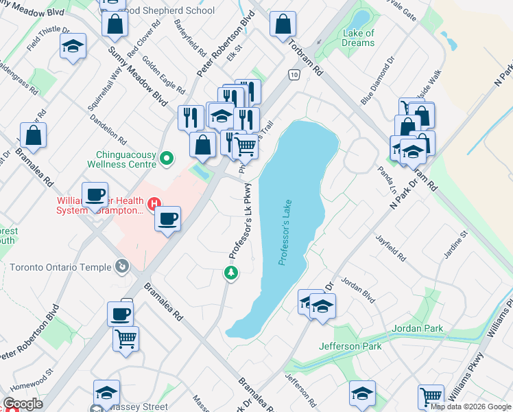 map of restaurants, bars, coffee shops, grocery stores, and more near 109 Professor's Lake Parkway in Brampton
