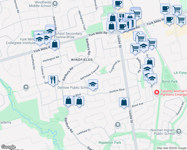 map of restaurants, bars, coffee shops, grocery stores, and more near 53 Longwood Drive in Toronto