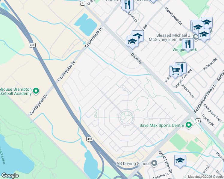 map of restaurants, bars, coffee shops, grocery stores, and more near 17 Lacorra Way in Brampton