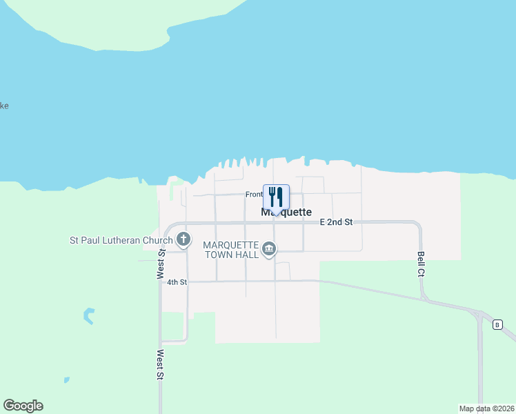 map of restaurants, bars, coffee shops, grocery stores, and more near 150 West 2nd Street in Marquette
