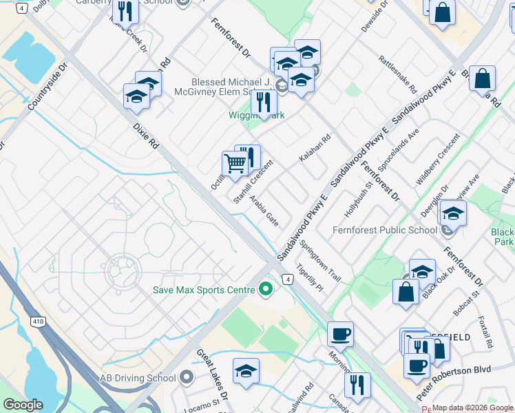 map of restaurants, bars, coffee shops, grocery stores, and more near 8 Gecko Court in Brampton