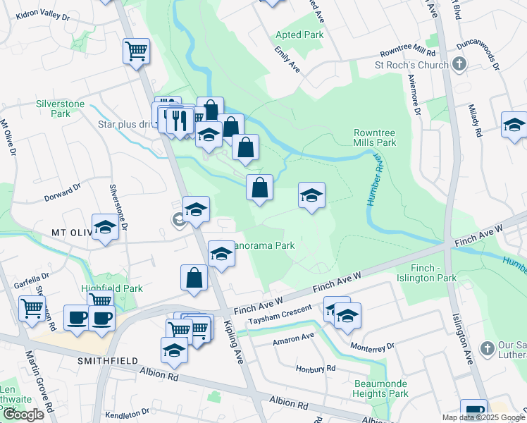 map of restaurants, bars, coffee shops, grocery stores, and more near 40 Panorama Court in Toronto