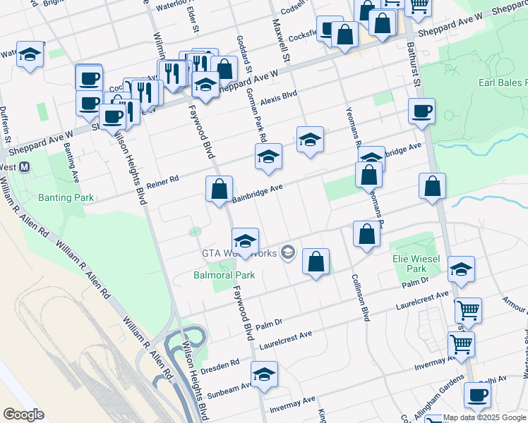 map of restaurants, bars, coffee shops, grocery stores, and more near 23 Granite Street in Toronto