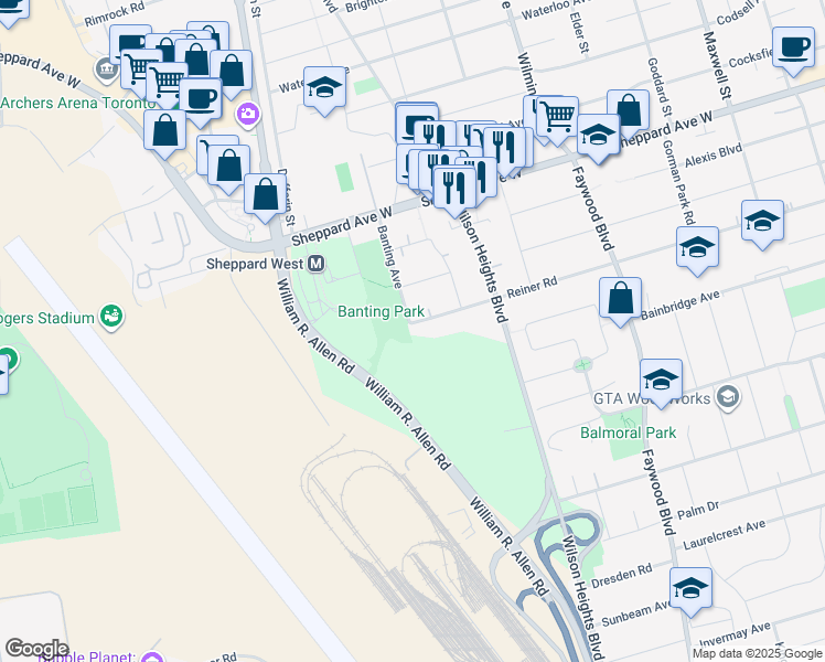 map of restaurants, bars, coffee shops, grocery stores, and more near 279 Reiner Road in Toronto