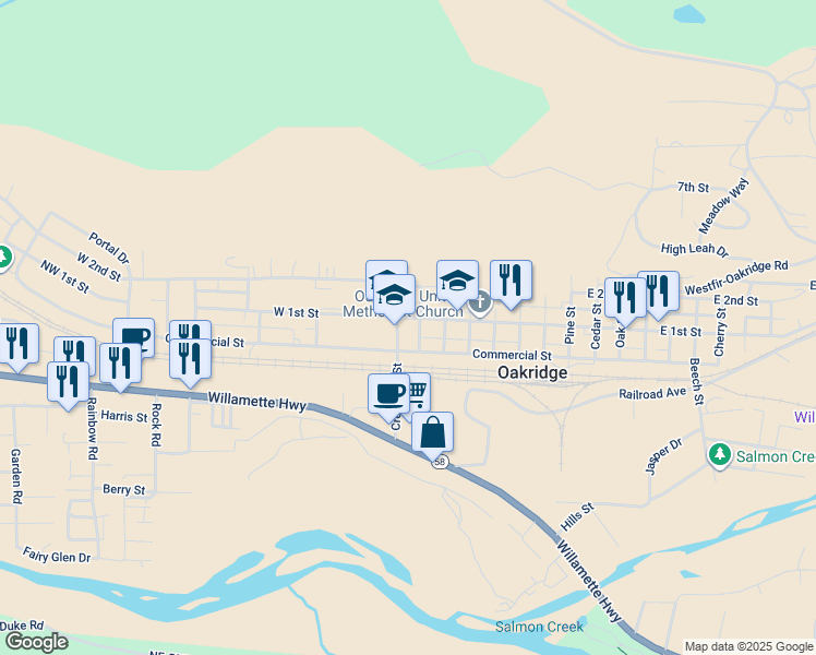 map of restaurants, bars, coffee shops, grocery stores, and more near 76453 Elder Street in Oakridge