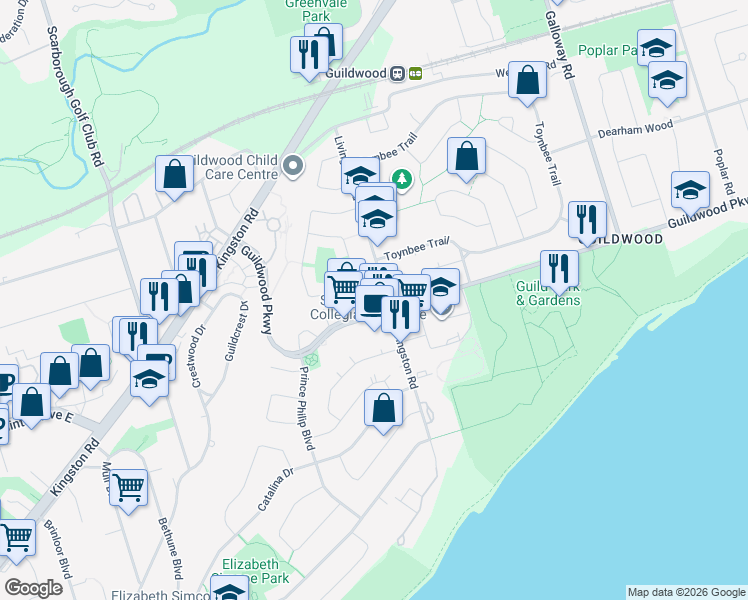 map of restaurants, bars, coffee shops, grocery stores, and more near 120 Guildwood Parkway in Toronto