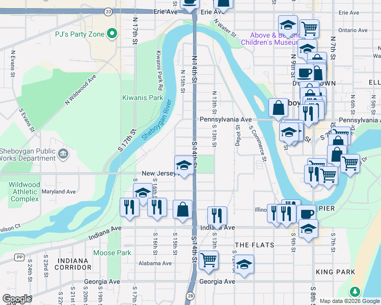 map of restaurants, bars, coffee shops, grocery stores, and more near in Sheboygan