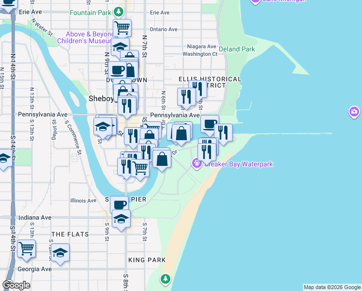 map of restaurants, bars, coffee shops, grocery stores, and more near 518 South Pier Drive in Sheboygan