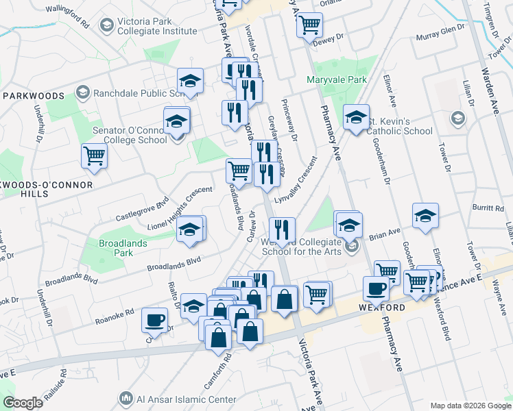 map of restaurants, bars, coffee shops, grocery stores, and more near 28 Curlew Drive in Toronto