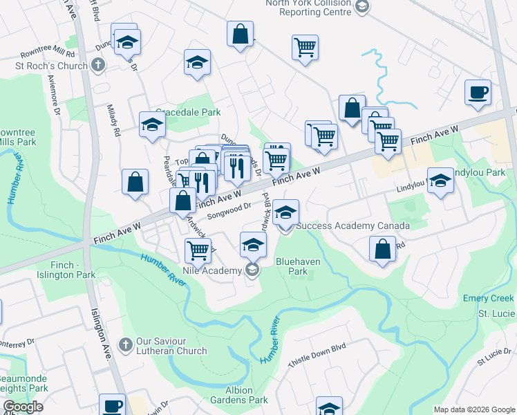 map of restaurants, bars, coffee shops, grocery stores, and more near 9 Songwood Drive in Toronto